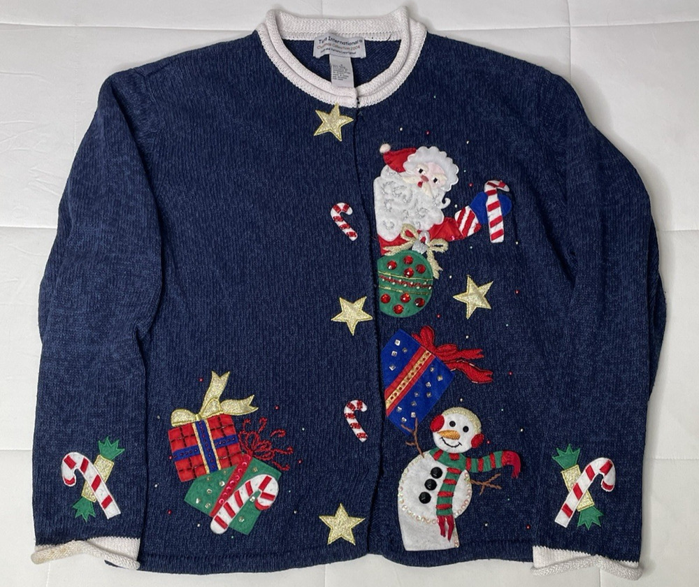 Vintage Tiara International 2004 Ugly Christmas Cardigan Santa Snowman Size S